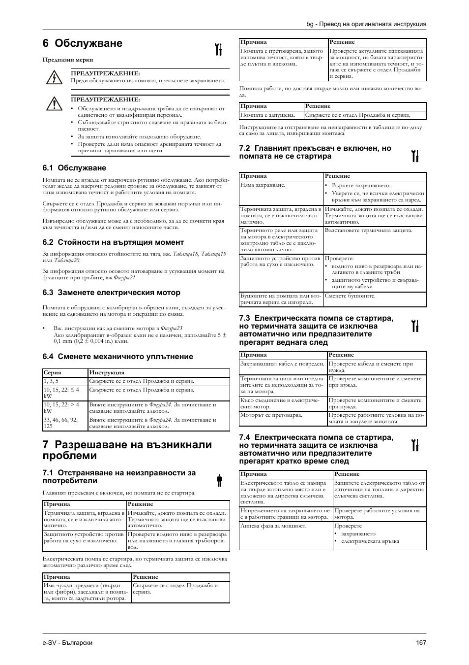 Предпазни мерки, 1 обслужване, 2 стойности на въртящия момент | 3 заменете електрическия мотор, 4 сменете механичното уплътнение, 7 разрешаване на възникнали проблеми, 1 отстраняване на неизправности за ппотребители, 6 обслужване | Xylem e-SV User Manual | Page 171 / 280
