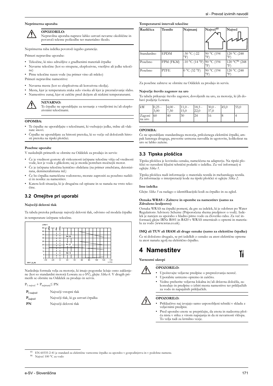 Neprimerna uporaba, Posebne uporabe, 2 omejitve pri uporabi | 3 tipska ploščica, Ime izdelka, 4 namestitev, Varnostni ukrepi | Xylem e-SV User Manual | Page 175 / 280