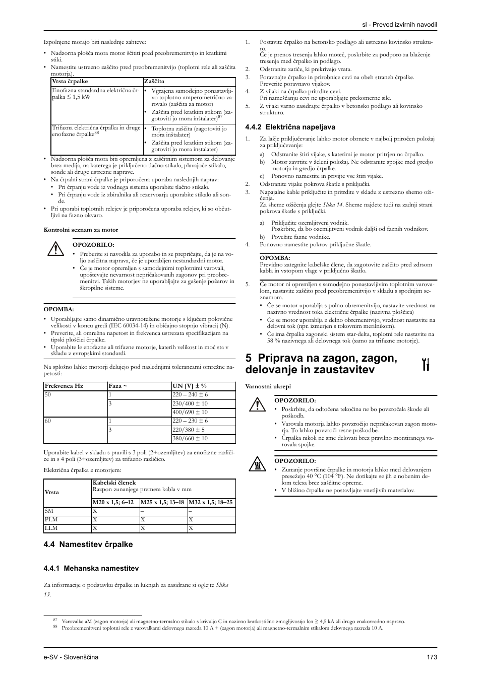4 namestitev črpalke, 1 mehanska namestitev, 2 električna napeljava | Varnostni ukrepi | Xylem e-SV User Manual | Page 177 / 280