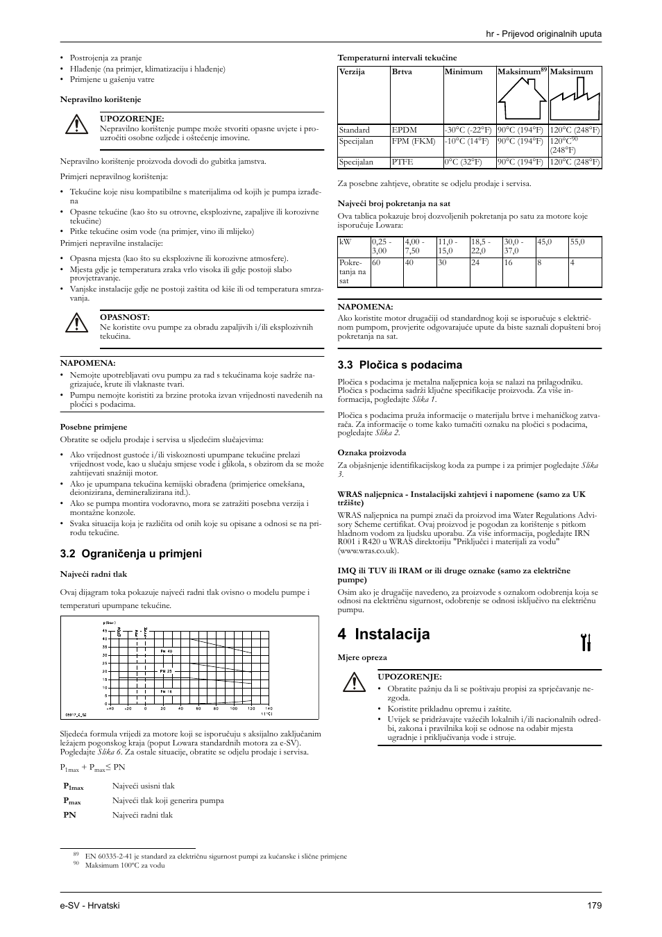 Nepravilno korištenje, Posebne primjene, 2 ograničenja u primjeni | 3 pločica s podacima, Oznaka proizvoda, 4 instalacija, Mjere opreza | Xylem e-SV User Manual | Page 183 / 280