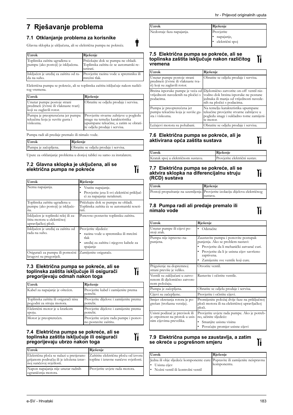 1 otklanjanje problema za korisnike, 8 pumpa radi ali predaje premalo ili nimalo vode, 7 rješavanje problema | Xylem e-SV User Manual | Page 187 / 280