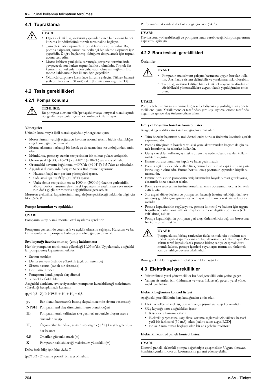 1 topraklama, 2 tesis gereklilikleri, 1 pompa konumu | 2 boru tesisatı gereklilikleri, 3 elektriksel gereklilikler | Xylem e-SV User Manual | Page 208 / 280