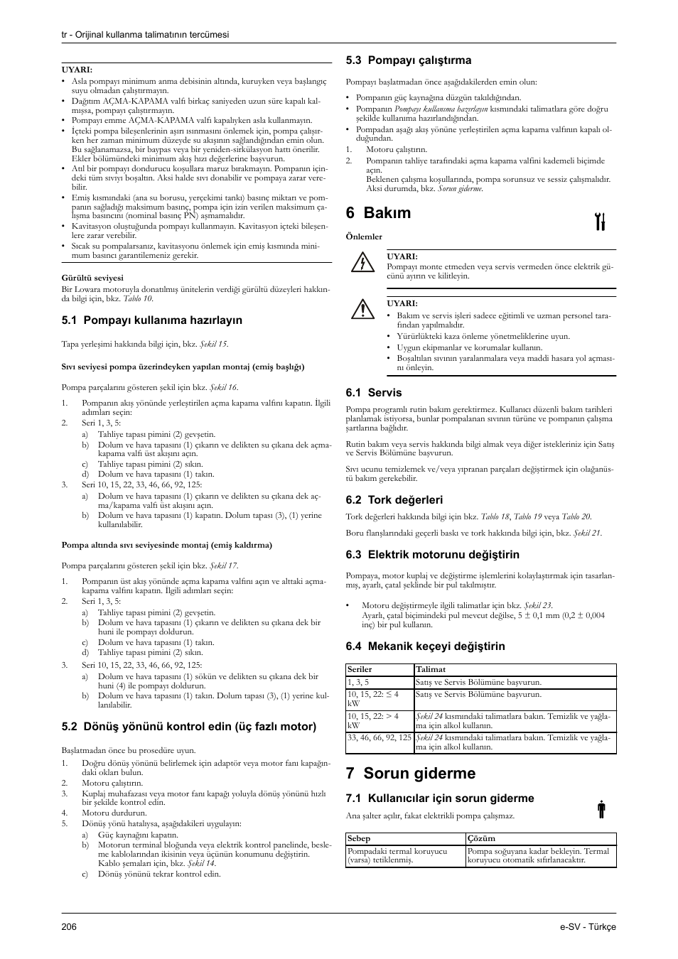 Gürültü seviyesi, 1 pompayı kullanıma hazırlayın, 2 dönüş yönünü kontrol edin (üç fazlı motor) | 3 pompayı çalıştırma, 6 bakım, Önlemler, 1 servis, 2 tork değerleri, 3 elektrik motorunu değiştirin, 4 mekanik keçeyi değiştirin | Xylem e-SV User Manual | Page 210 / 280