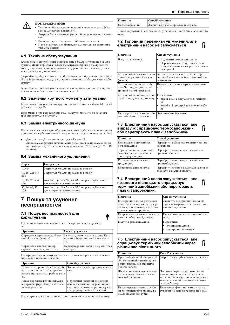 1 технічне обслуговування, 2 значення крутного моменту затягування, 3 заміна електричного двигуна | 4 заміна механічного ущільнення, 7 пошук та усунення несправностей, 1 пошук несправностей для користувачів | Xylem e-SV User Manual | Page 227 / 280