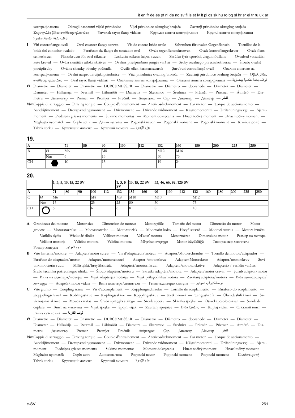 Tabella 19 o tabella, Tabelle, 19 oder tabelle 20 | Tabla 19 o tabla 20, Tabela, 19 ou tabela 20, Tabel 19 , of, Tabel 20, Telė 19 arba lentelė 20, Tabela 19 | Xylem e-SV User Manual | Page 265 / 280