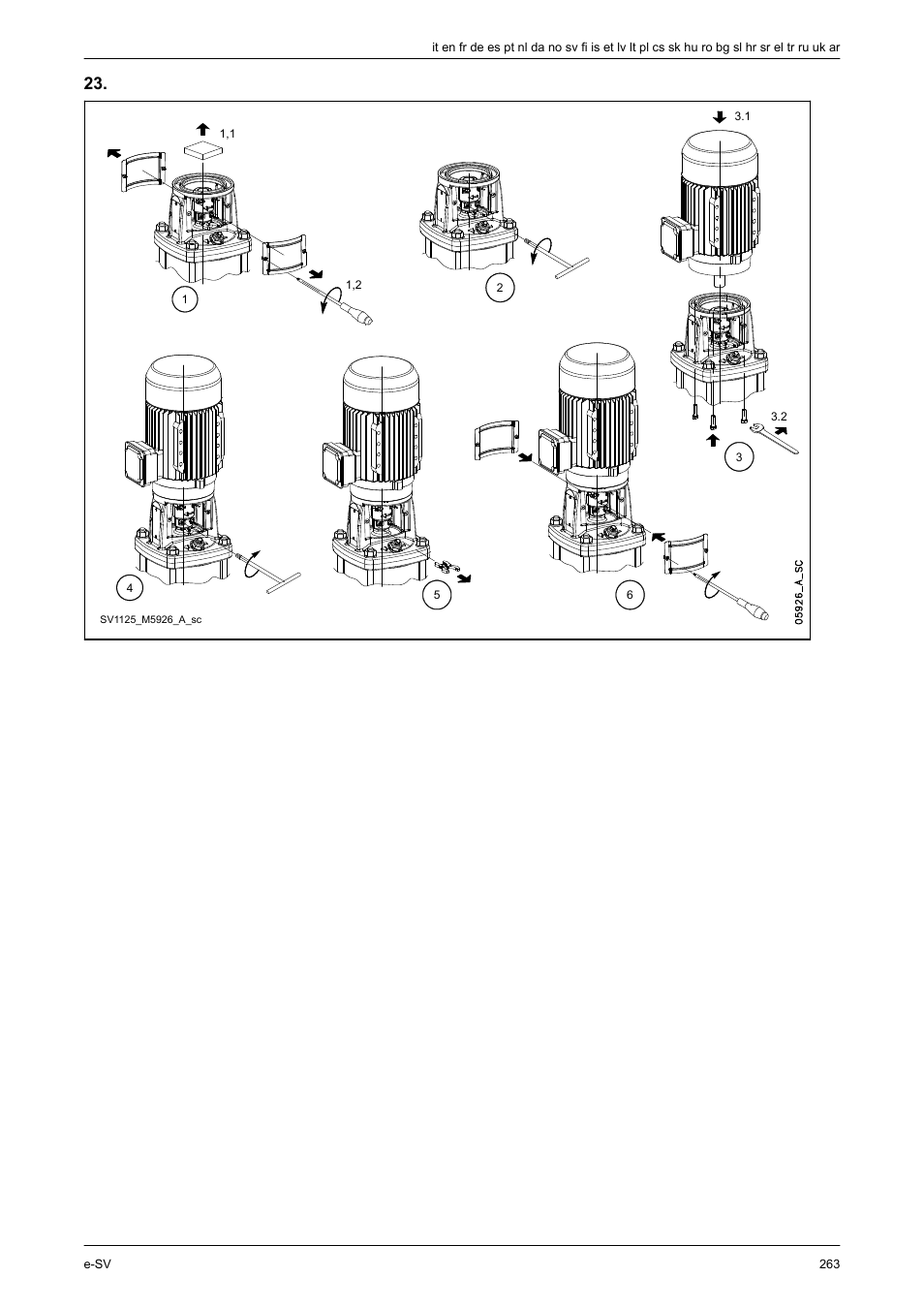 Hen des motors entnehmen sie bitte abbil- dung 23, Figura 23, Afbeelding 23 | Ariklį, pateiktas paveikslėlis 23, Rysunek 23, Obrázok 23, Ului în fi- gură 23, Фигура23, Σχήμα 23, См. инструкции о замене двигателя в рисунок 23 | Xylem e-SV User Manual | Page 267 / 280