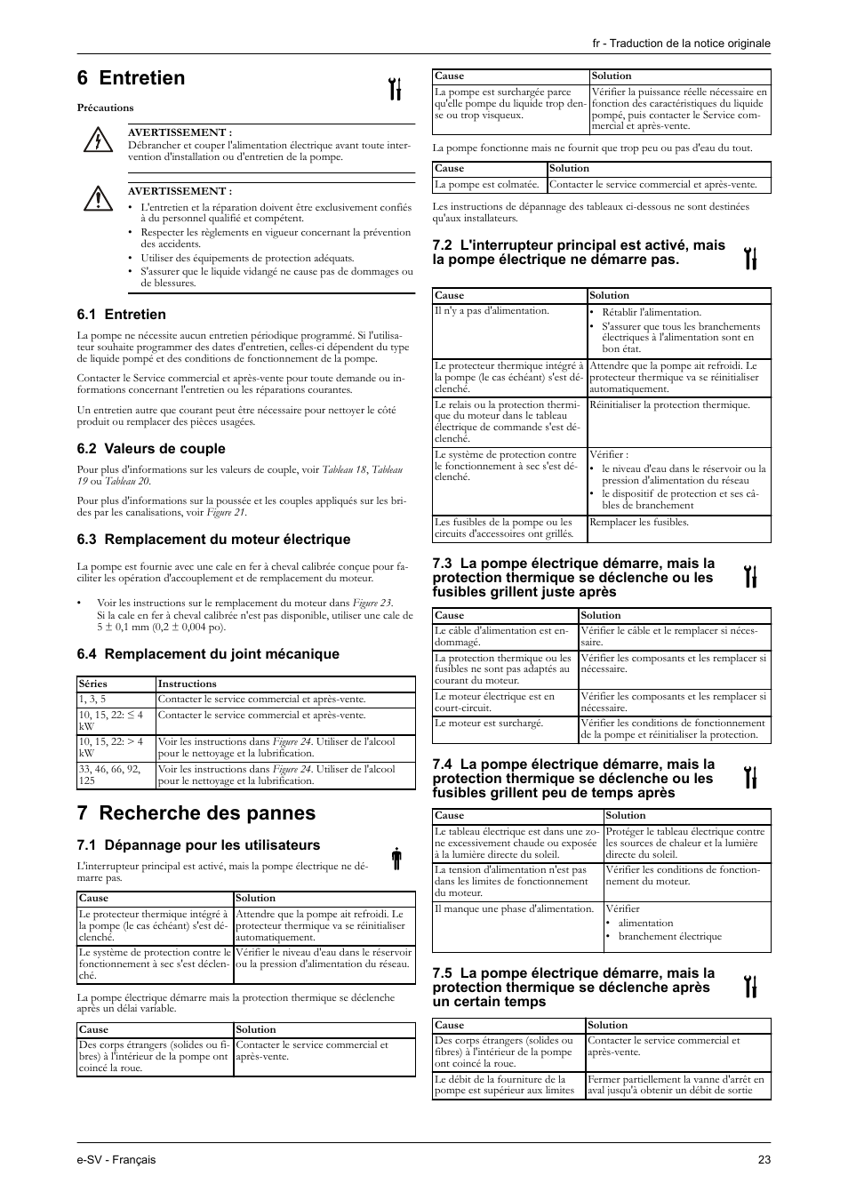 Précautions, 1 entretien, 2 valeurs de couple | 3 remplacement du moteur électrique, 4 remplacement du joint mécanique, 7 recherche des pannes, 1 dépannage pour les utilisateurs, Echerche des pannes, Oir recher, Che des pannes | Xylem e-SV User Manual | Page 27 / 280