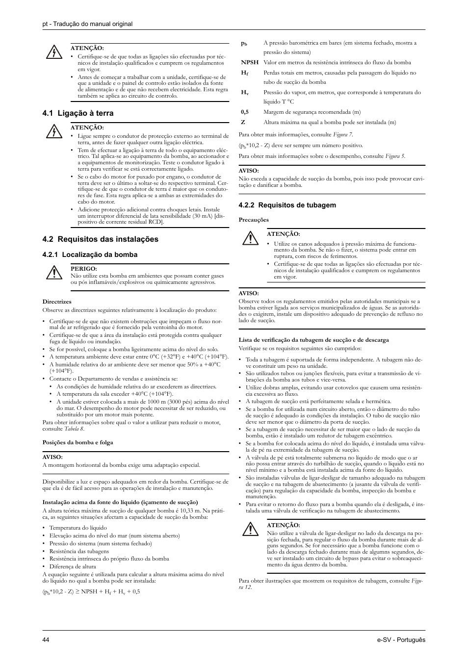 1 ligação à terra, 2 requisitos das instalações, 1 localização da bomba | 2 requisitos de tubagem | Xylem e-SV User Manual | Page 48 / 280
