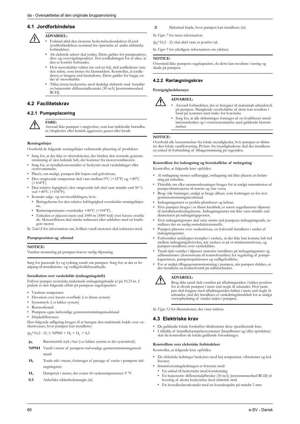 1 jordforbindelse, 2 facilitetskrav, 1 pumpeplacering | 2 rørlægningskrav, 3 elektriske krav | Xylem e-SV User Manual | Page 64 / 280