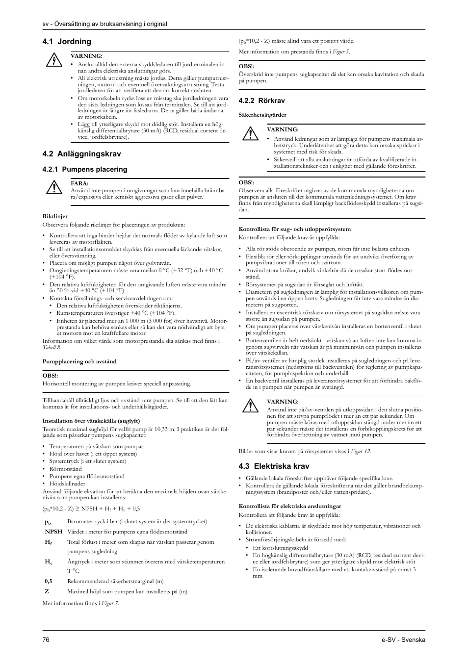 1 jordning, 2 anläggningskrav, 1 pumpens placering | 2 rörkrav, 3 elektriska krav | Xylem e-SV User Manual | Page 80 / 280