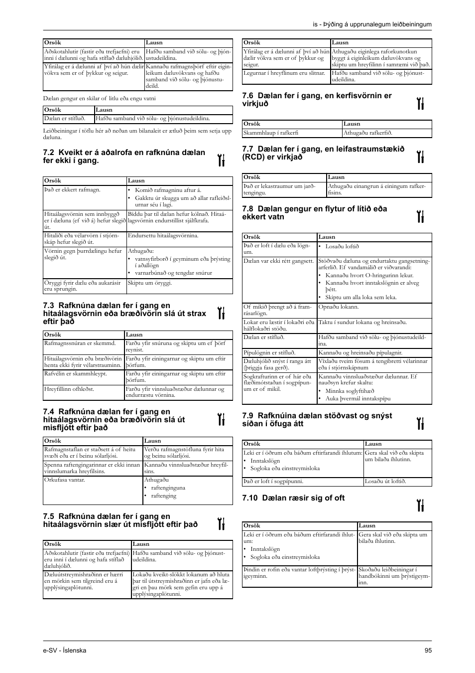 6 dælan fer í gang, en kerfisvörnin er virkjuð, 8 dælan gengur en flytur of lítið eða ekkert vatn, 10 dælan ræsir sig of oft | Xylem e-SV User Manual | Page 99 / 280