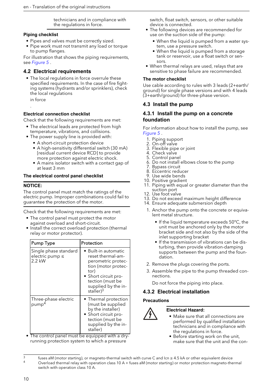 2 electrical requirements, 3 install the pump, 1 install the pump on a concrete foundation | 2 electrical installation | Xylem e-HM User Manual | Page 10 / 172