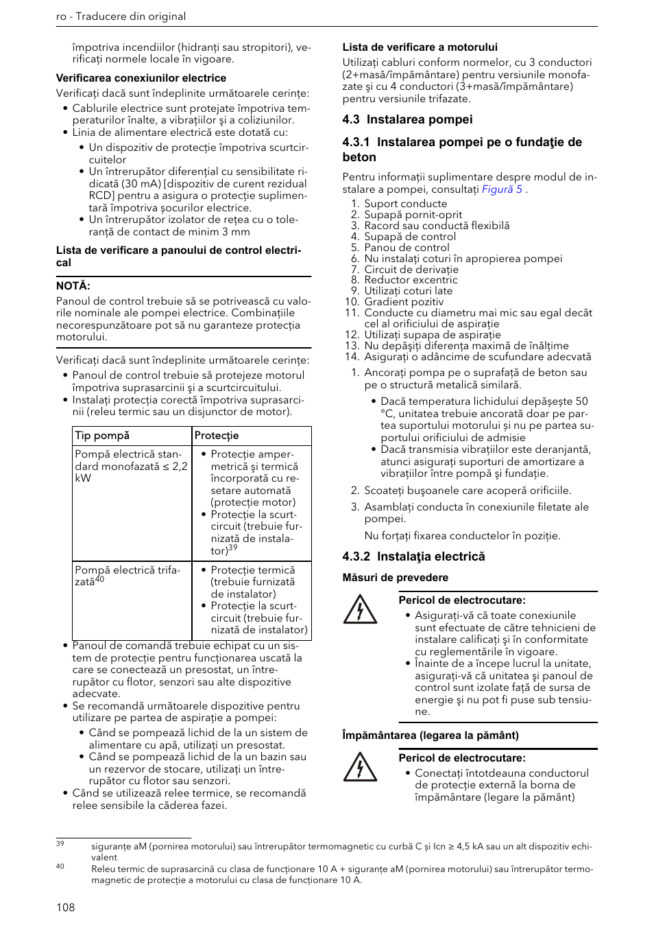 3 instalarea pompei, 1 instalarea pompei pe o fundaţie de beton, 2 instalaţia electrică | Xylem e-HM User Manual | Page 108 / 172