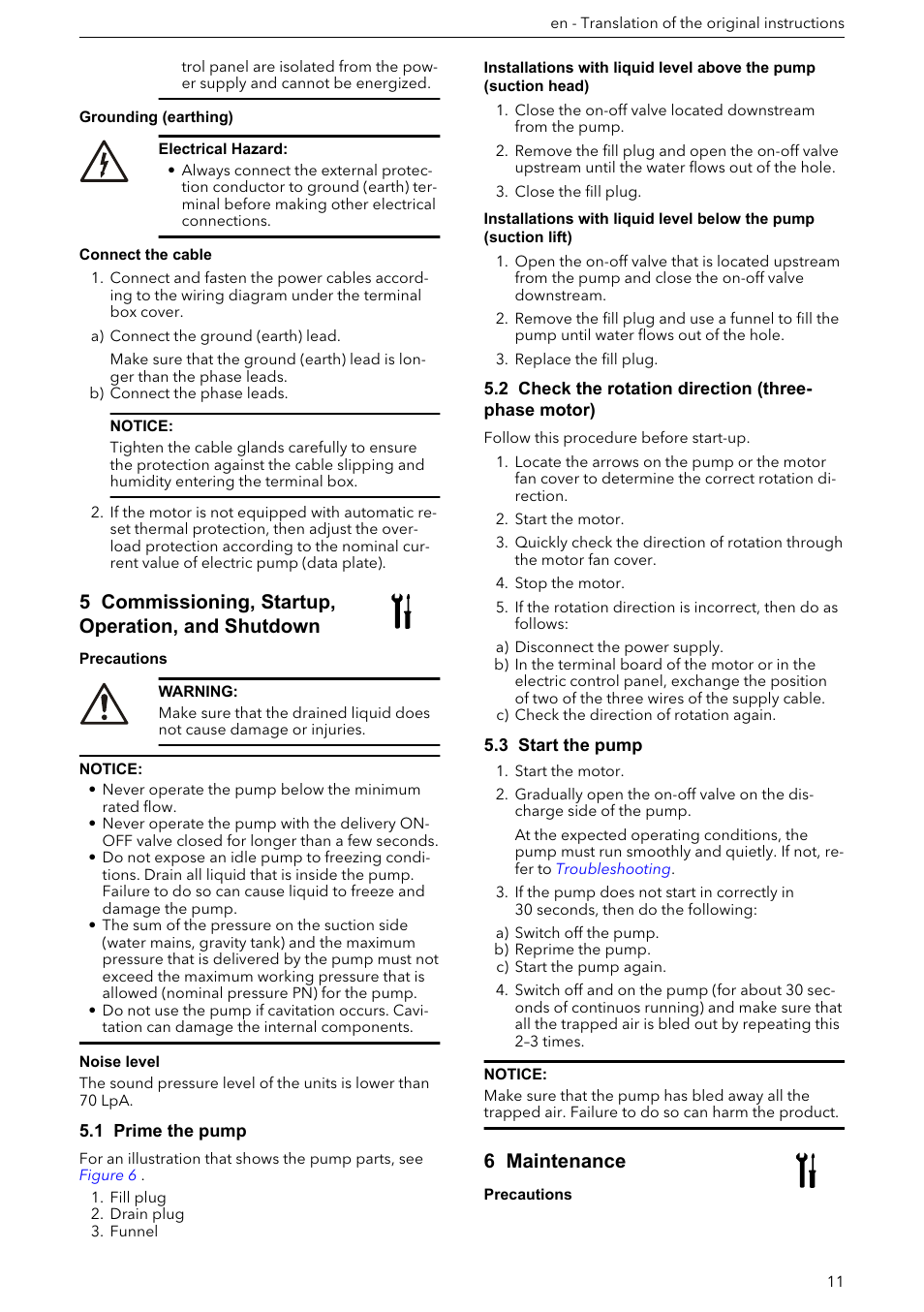 Connect the cable, 5 commissioning, startup, operation, and shutdown, 1 prime the pump | 2 check the rotation direction (three-phase motor), 3 start the pump, 6 maintenance | Xylem e-HM User Manual | Page 11 / 172