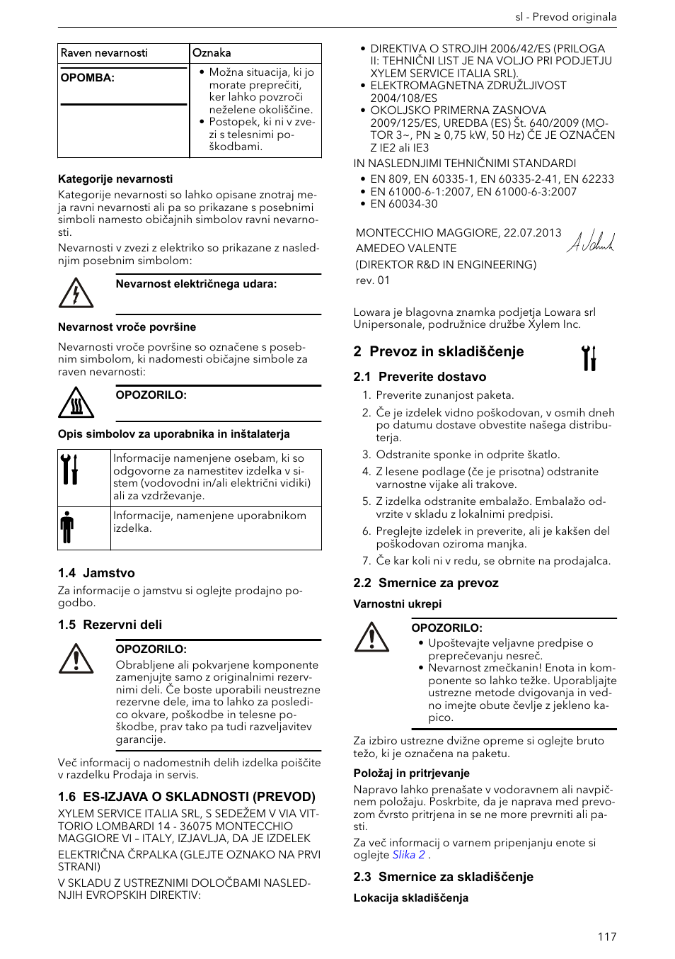 4 jamstvo, 5 rezervni deli, 6 es-izjava o skladnosti (prevod) | 2 prevoz in skladiščenje, 1 preverite dostavo, 2 smernice za prevoz, 3 smernice za skladiščenje | Xylem e-HM User Manual | Page 117 / 172