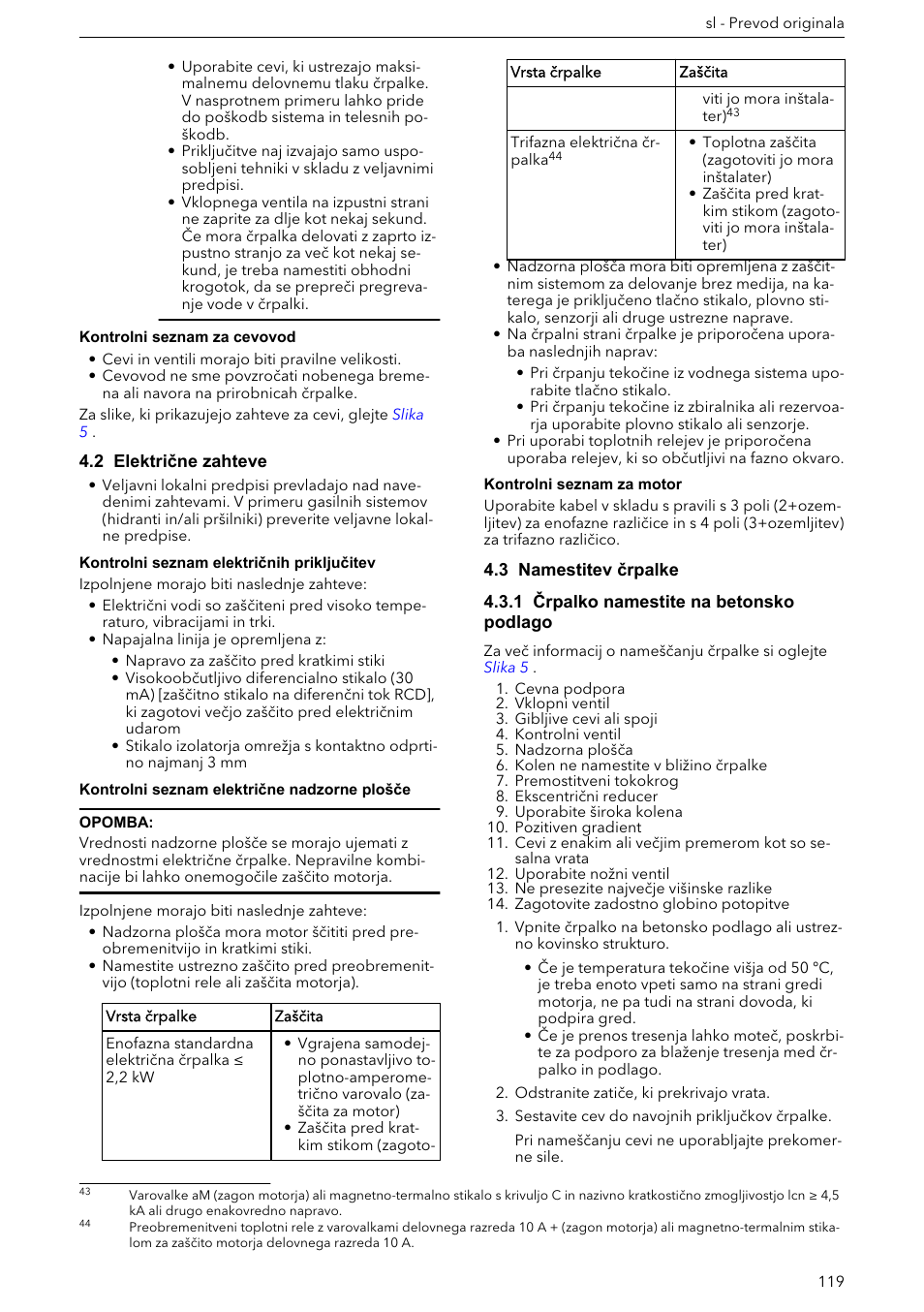 2 električne zahteve, 3 namestitev črpalke, 1 črpalko namestite na betonsko podlago | Xylem e-HM User Manual | Page 119 / 172