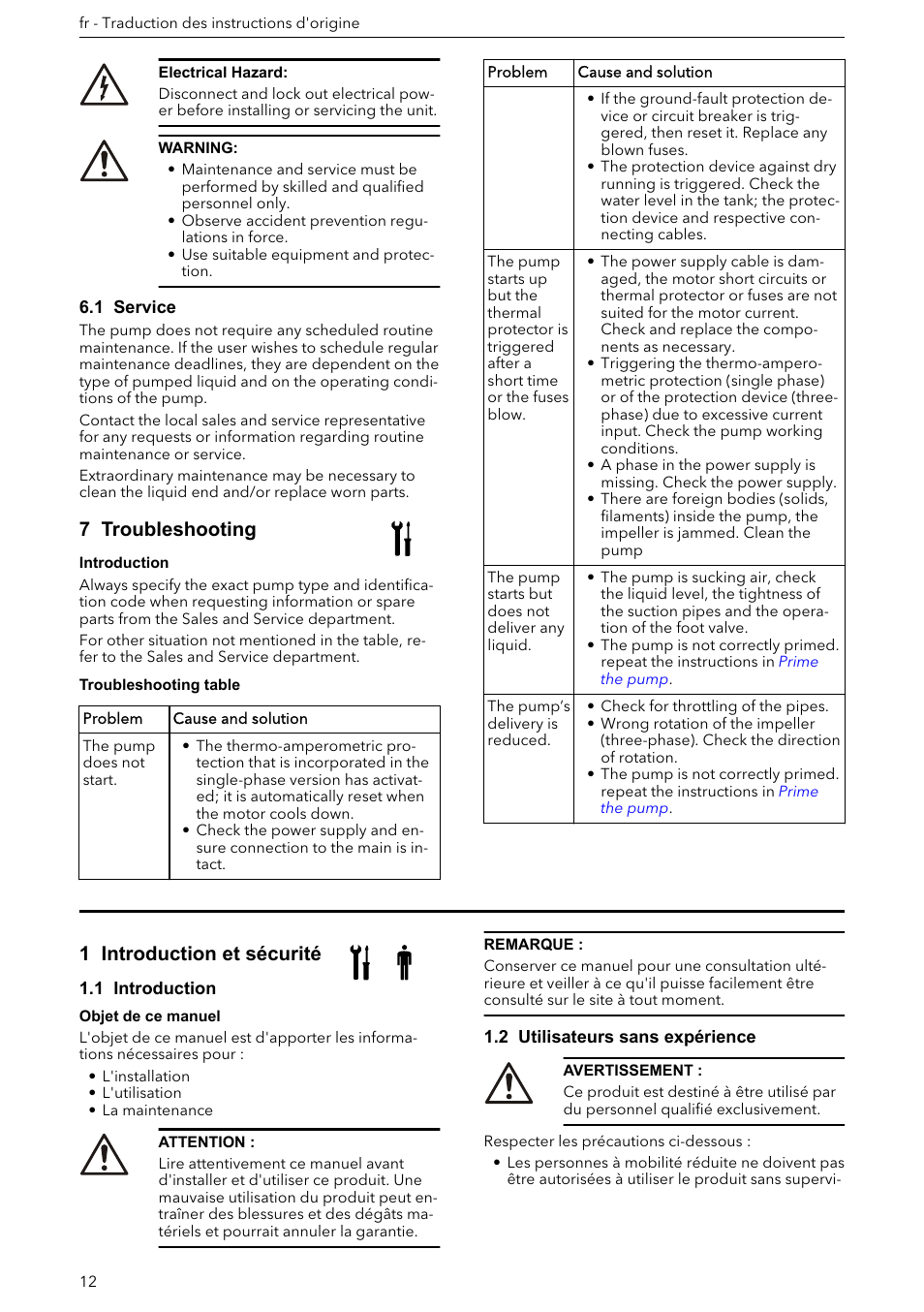 1 service, 7 troubleshooting, 1 introduction et sécurité | 1 introduction, 2 utilisateurs sans expérience | Xylem e-HM User Manual | Page 12 / 172