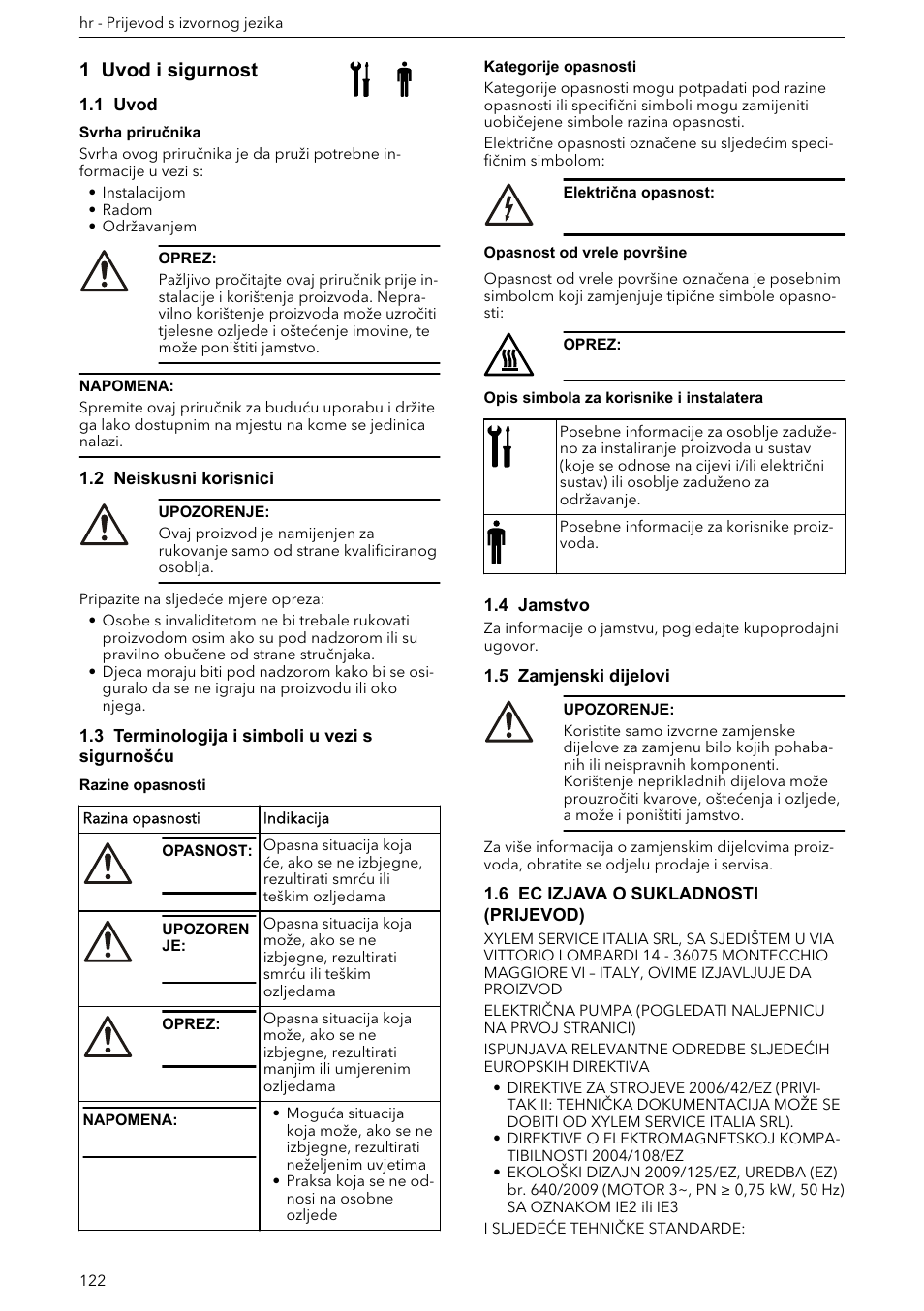 1 uvod, 2 neiskusni korisnici, 3 terminologija i simboli u vezi s sigurnošću | 4 jamstvo, 5 zamjenski dijelovi, 6 ec izjava o sukladnosti (prijevod), 1 uvod i sigurnost | Xylem e-HM User Manual | Page 122 / 172