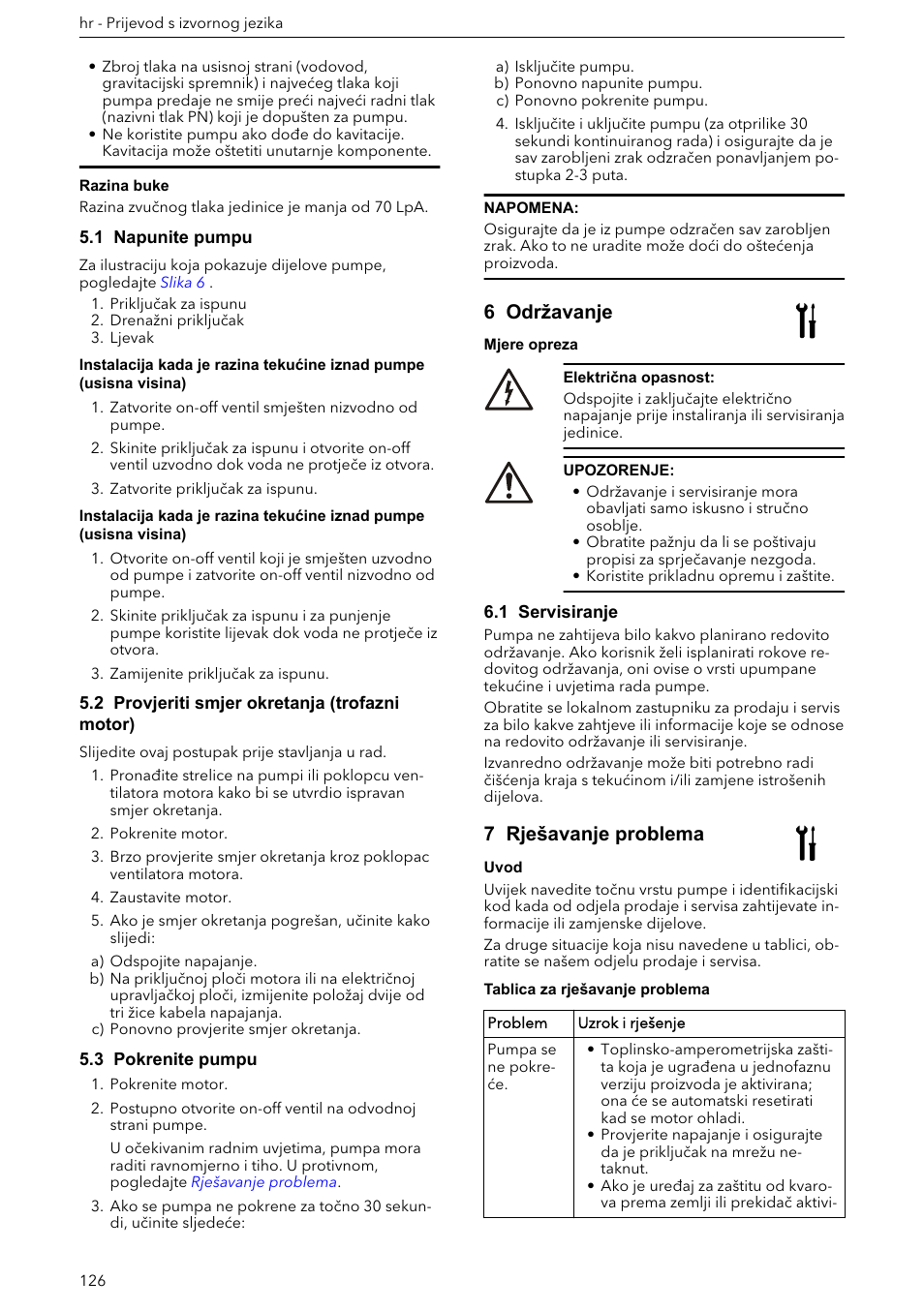 1 napunite pumpu, 2 provjeriti smjer okretanja (trofazni motor), 3 pokrenite pumpu | 6 održavanje, 1 servisiranje, 7 rješavanje problema | Xylem e-HM User Manual | Page 126 / 172