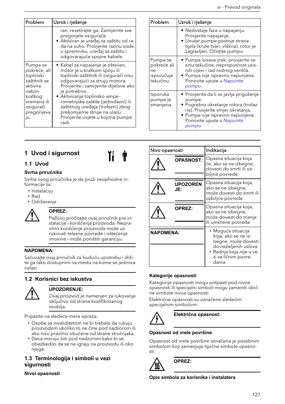 Priručnik za instaliranje, rad i održavanje, 1 uvod i sigurnost, 1 uvod | 2 korisnici bez iskustva, 3 terminologija i simboli u vezi sigurnosti | Xylem e-HM User Manual | Page 127 / 172