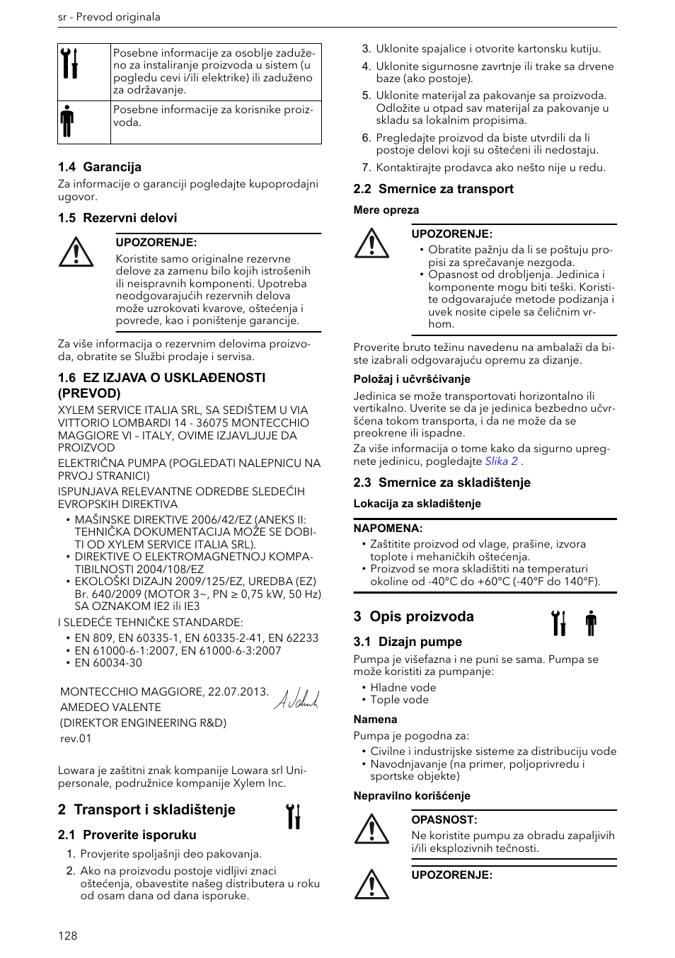 4 garancija, 5 rezervni delovi, 6 ez izjava o usklađenosti (prevod) | 2 transport i skladištenje, 1 proverite isporuku, 2 smernice za transport, 3 smernice za skladištenje, 3 opis proizvoda, 1 dizajn pumpe | Xylem e-HM User Manual | Page 128 / 172