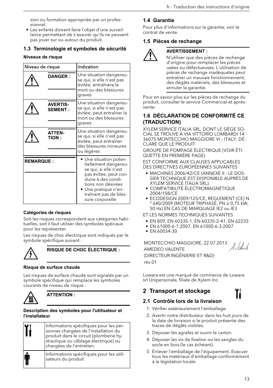 3 terminologie et symboles de sécurité, 4 garantie, 5 pièces de rechange | 6 déclaration de conformité ce (traduction), 2 transport et stockage, 1 contrôle lors de la livraison | Xylem e-HM User Manual | Page 13 / 172