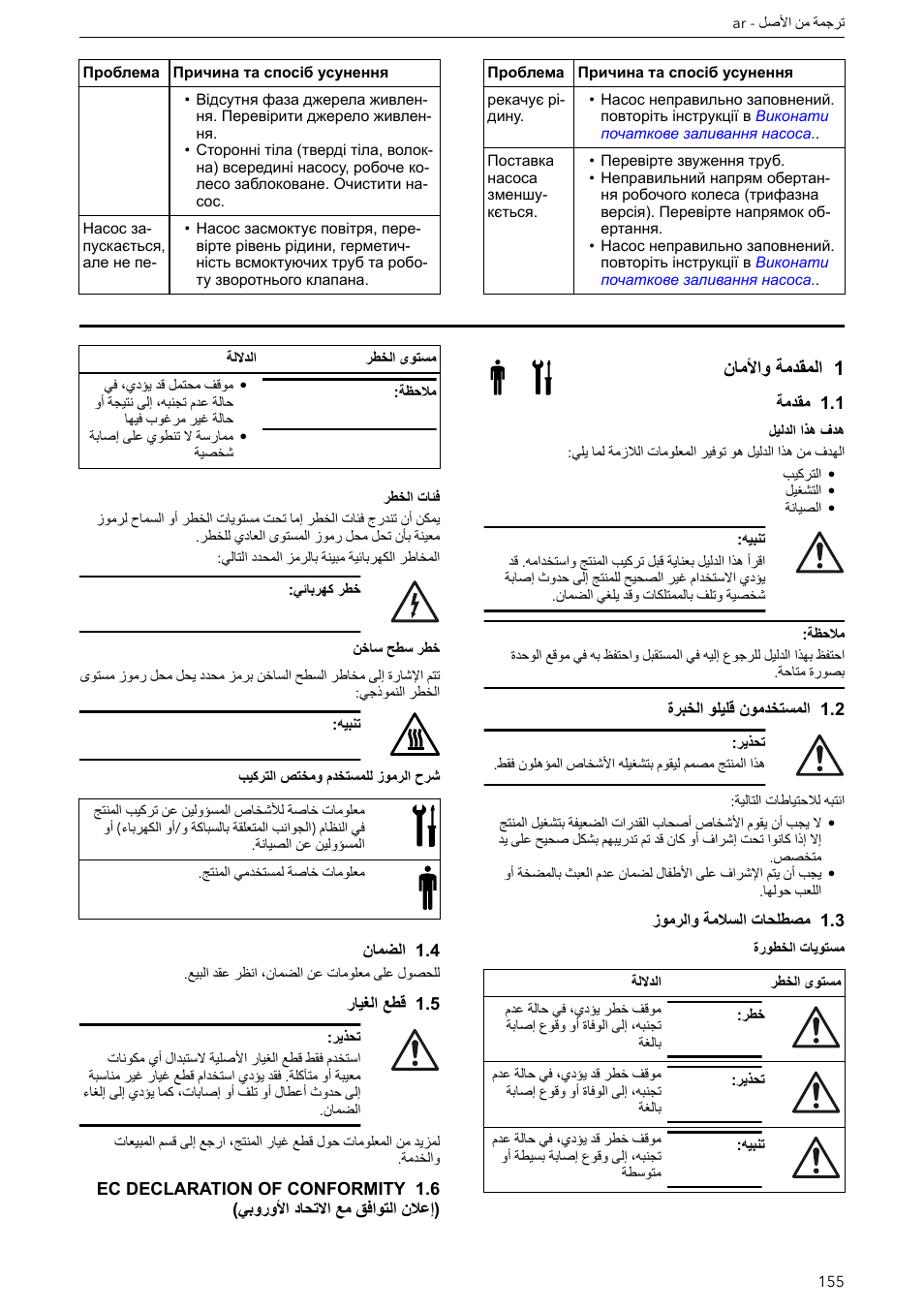دليل التركيب والتشغيل والصيانة, 1 المقدمة والأمان, 1 مقدمة | 2 المستخدمون قليلو الخبرة, 3 مصطلحات السلامة والرموز, 4 الضمان, 5 قطع الغيار, ليلد, بيكرتلا, ليغشتلاو | Xylem e-HM User Manual | Page 155 / 172