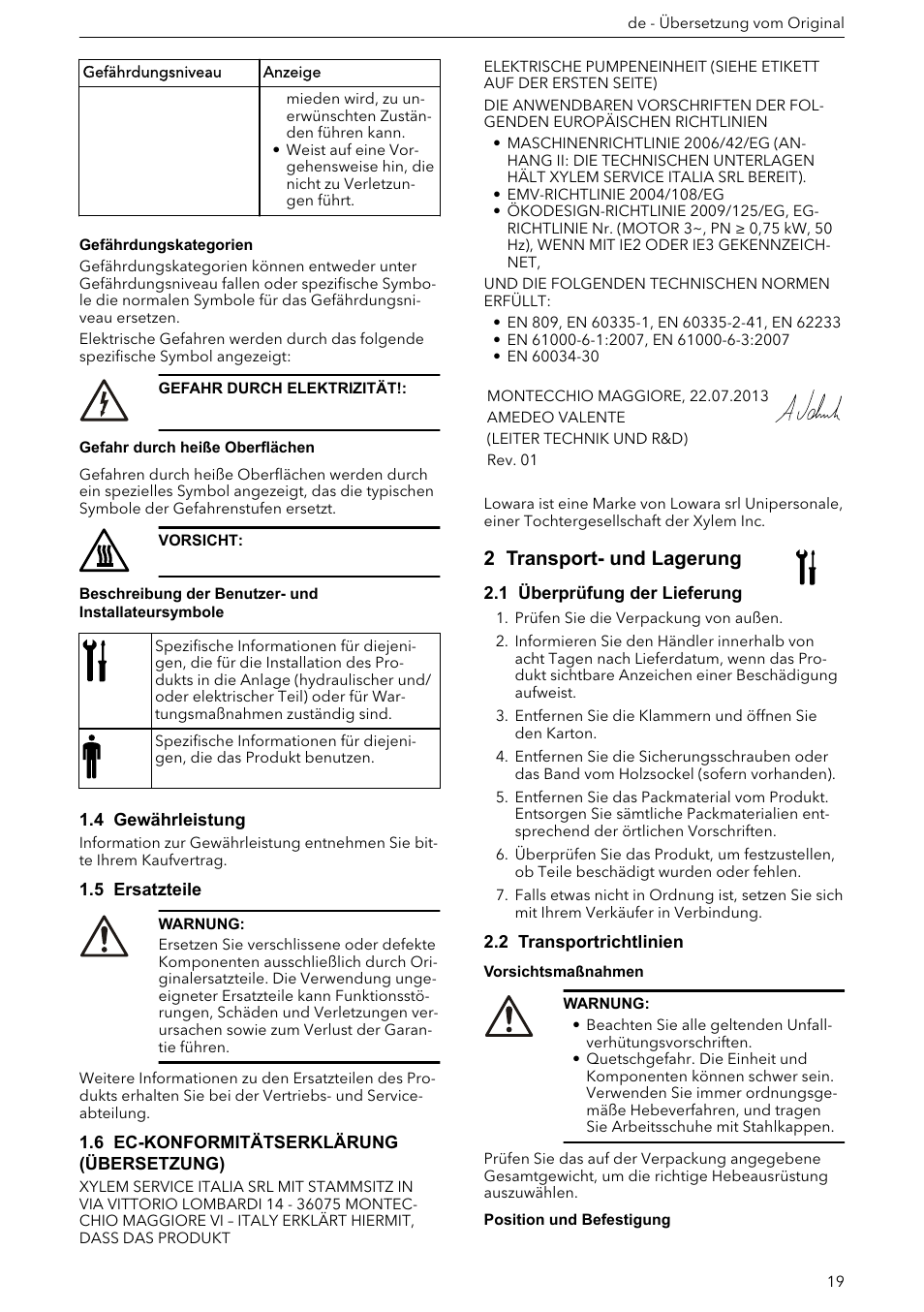 4 gewährleistung, 5 ersatzteile, 6 ec-konformitätserklärung (übersetzung) | 2 transport- und lagerung, 1 überprüfung der lieferung, 2 transportrichtlinien | Xylem e-HM User Manual | Page 19 / 172