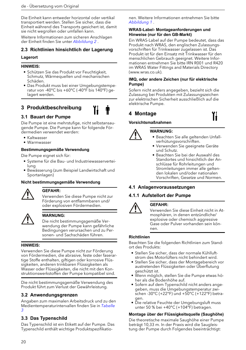 3 richtlinien hinsichtlich der lagerung, 3 produktbeschreibung, 1 bauart der pumpe | 2 anwendungsgrenzen, 3 das typenschild, 4 montage, 1 anlagenvoraussetzungen, 1 aufstellort der pumpe | Xylem e-HM User Manual | Page 20 / 172
