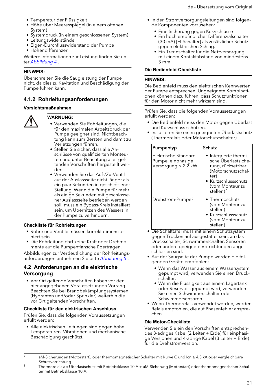 2 rohrleitungsanforderungen, 2 anforderungen an die elektrische versorgung | Xylem e-HM User Manual | Page 21 / 172