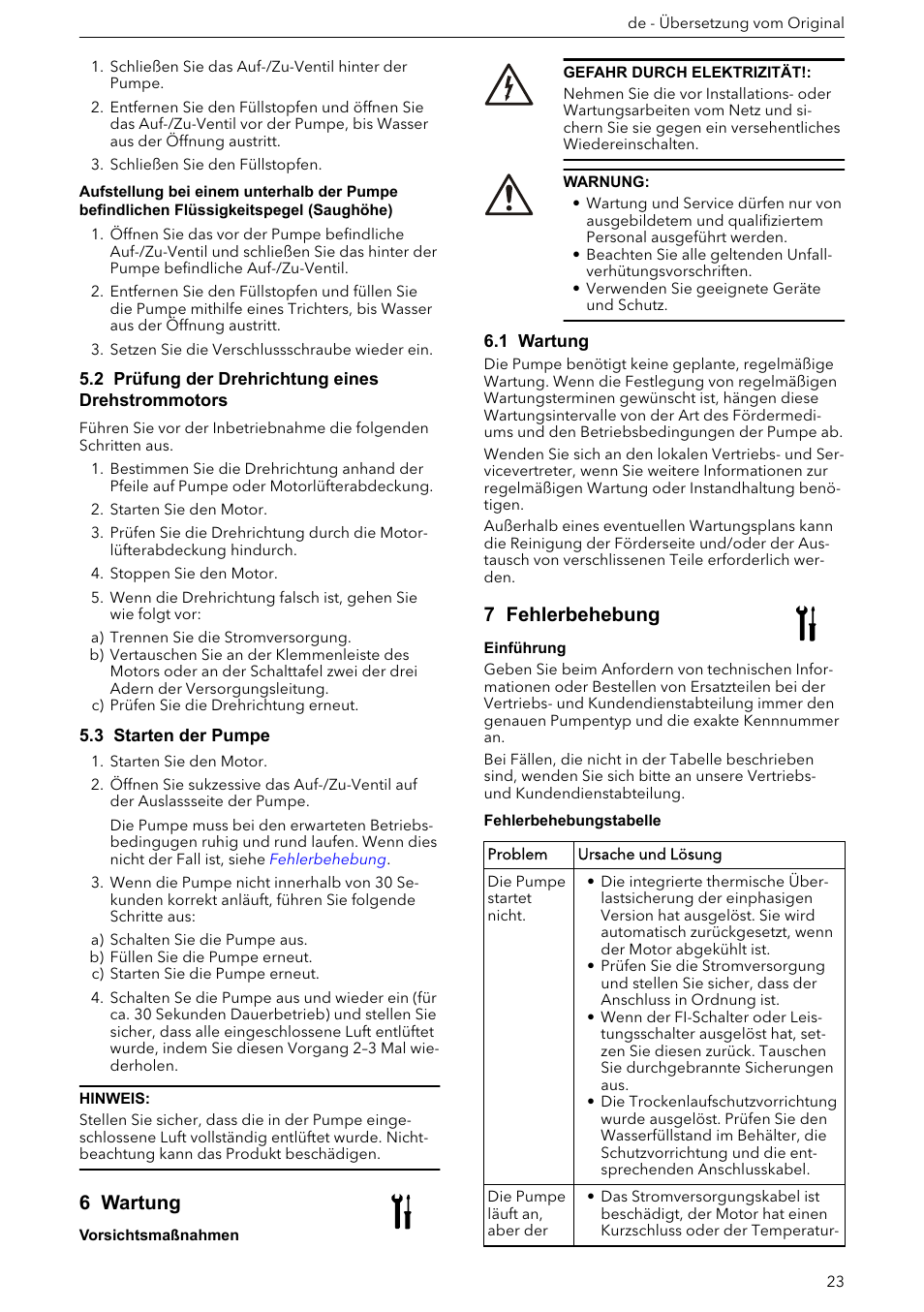 2 prüfung der drehrichtung eines drehstrommotors, 3 starten der pumpe, 6 wartung | 1 wartung, 7 fehlerbehebung | Xylem e-HM User Manual | Page 23 / 172