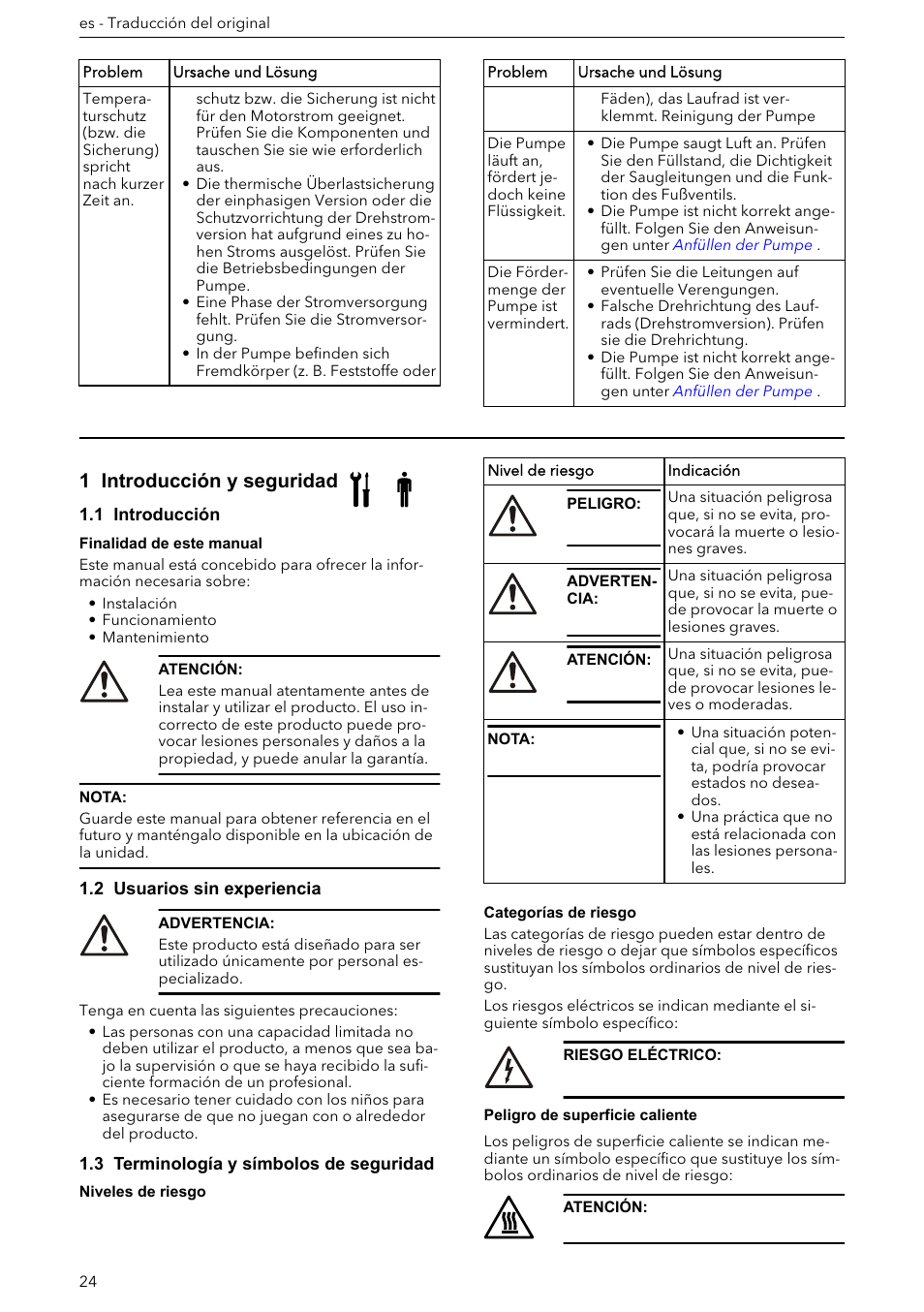 1 introducción y seguridad, 1 introducción, 2 usuarios sin experiencia | 3 terminología y símbolos de seguridad | Xylem e-HM User Manual | Page 24 / 172