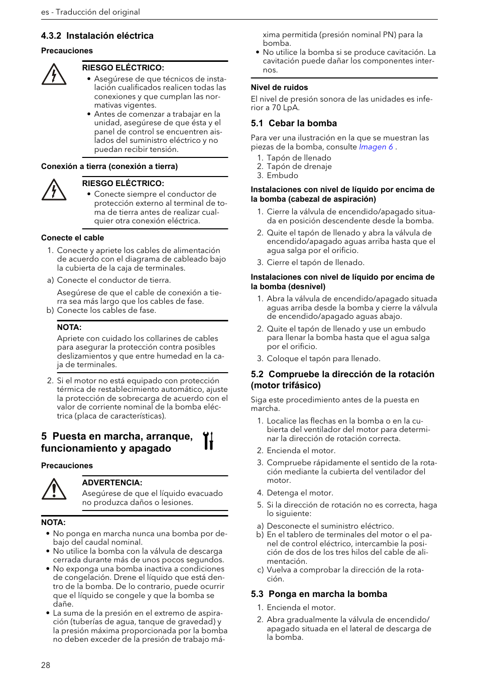 2 instalación eléctrica, Conecte el cable, 1 cebar la bomba | 3 ponga en marcha la bomba | Xylem e-HM User Manual | Page 28 / 172