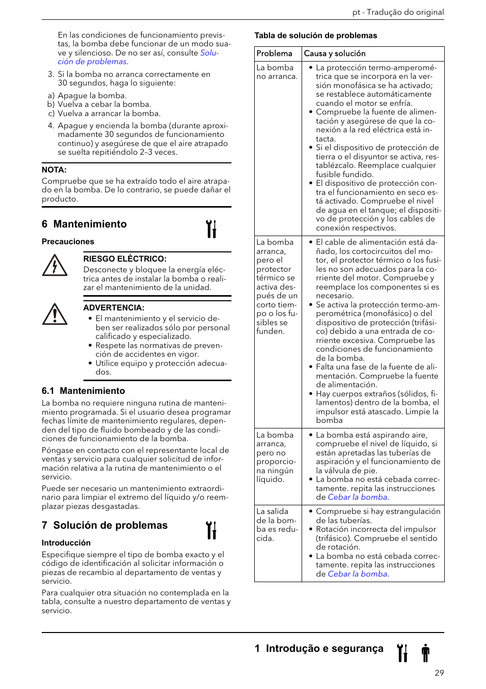 6 mantenimiento, 1 mantenimiento, 7 solución de problemas | Manual de instalação, operação e manutenção, 1 introdução e segurança | Xylem e-HM User Manual | Page 29 / 172