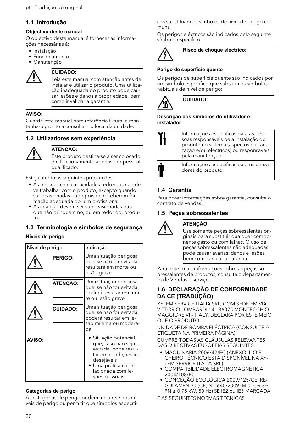 1 introdução, 2 utilizadores sem experiência, 3 terminologia e símbolos de segurança | 4 garantia, 5 peças sobressalentes, 6 declaração de conformidade da ce (tradução) | Xylem e-HM User Manual | Page 30 / 172