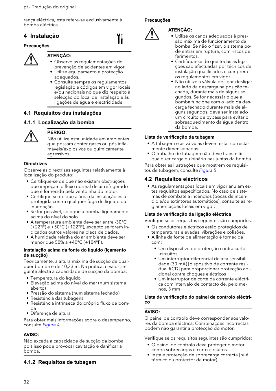 4 instalação, 1 requisitos das instalações, 1 localização da bomba | 2 requisitos de tubagem, 2 requisitos eléctricos | Xylem e-HM User Manual | Page 32 / 172