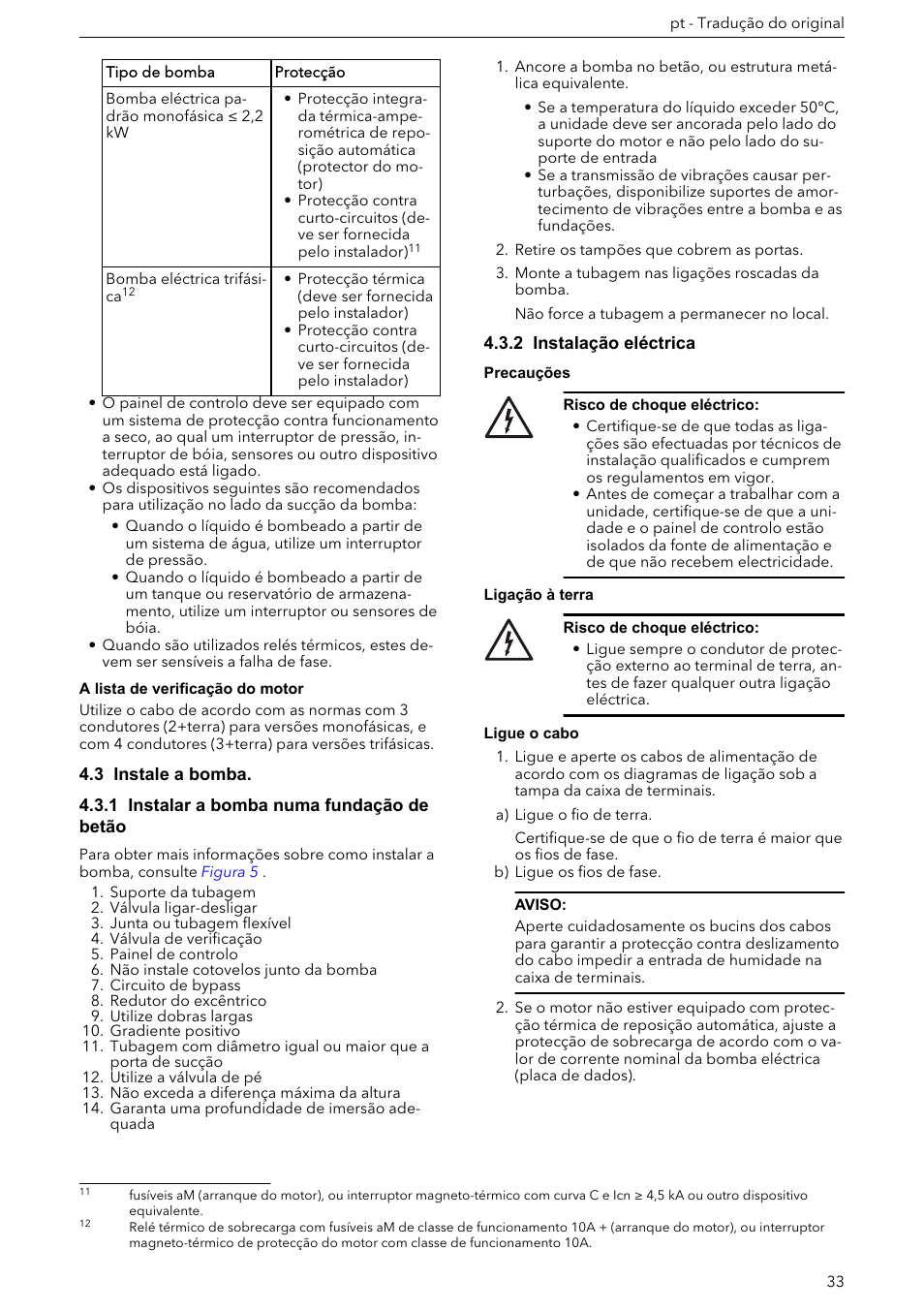 3 instale a bomba, 1 instalar a bomba numa fundação de betão, 2 instalação eléctrica | Ligue o cabo | Xylem e-HM User Manual | Page 33 / 172