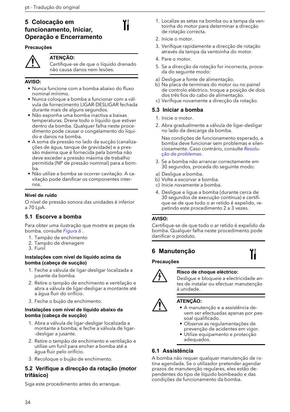 1 escorve a bomba, 3 iniciar a bomba, 6 manutenção | 1 assistência | Xylem e-HM User Manual | Page 34 / 172