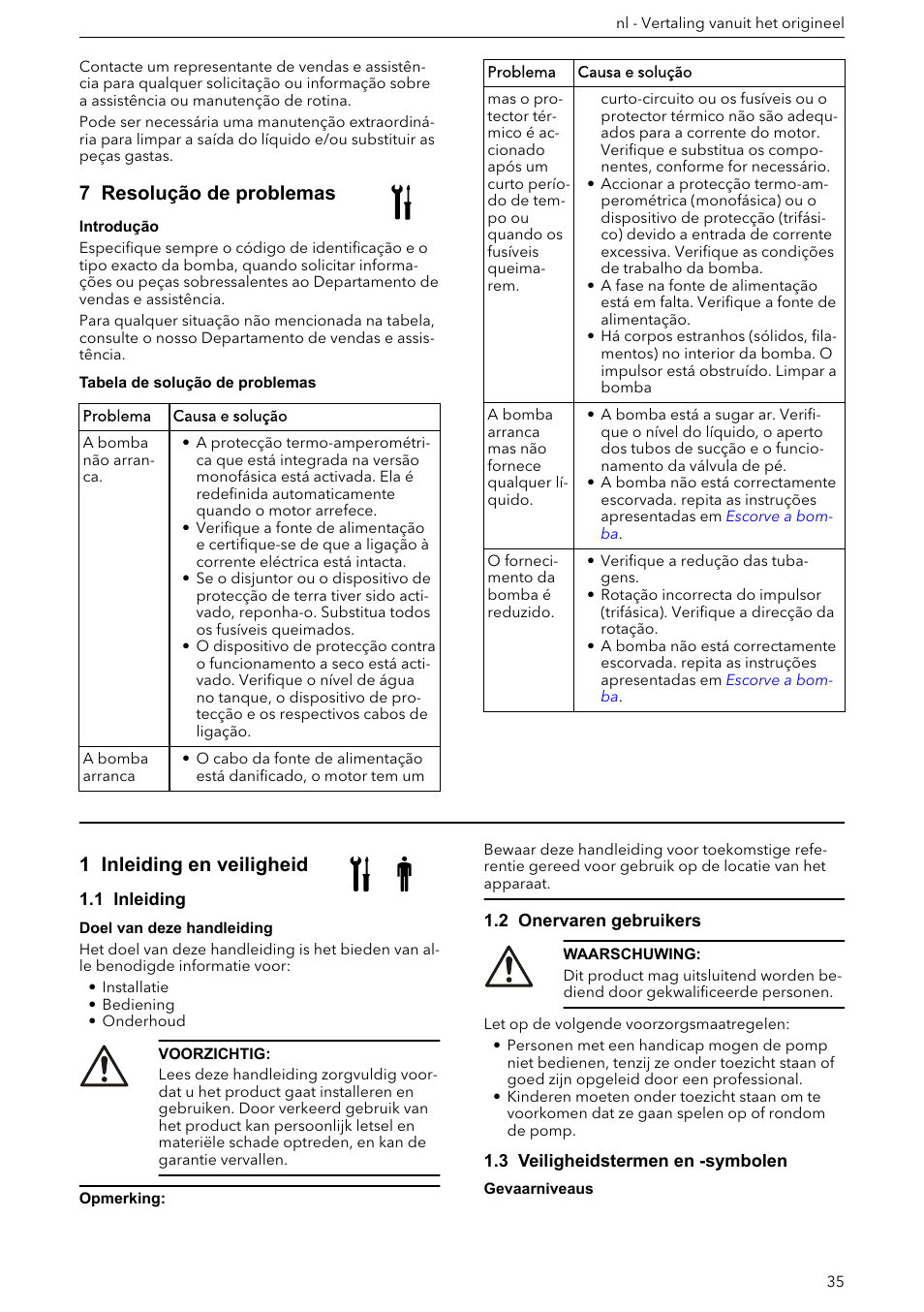 7 resolução de problemas, 1 inleiding en veiligheid, 1 inleiding | 2 onervaren gebruikers, 3 veiligheidstermen en -symbolen, Ciosamente. caso contrário, consulte, Resolu, Ção de problemas | Xylem e-HM User Manual | Page 35 / 172