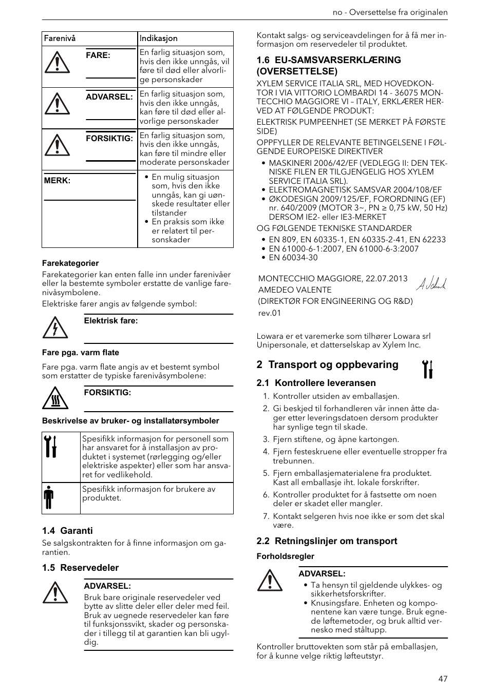 4 garanti, 5 reservedeler, 6 eu-samsvarserklæring (oversettelse) | 2 transport og oppbevaring, 1 kontrollere leveransen, 2 retningslinjer om transport | Xylem e-HM User Manual | Page 47 / 172