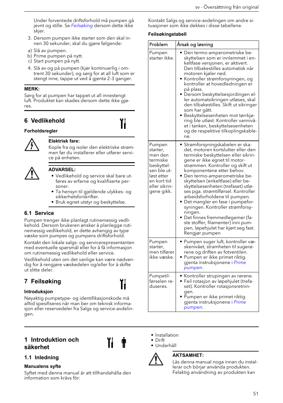 6 vedlikehold, 1 service, 7 feilsøking | Installations-, drift- och underhållsmanual, 1 introduktion och säkerhet, 1 inledning | Xylem e-HM User Manual | Page 51 / 172