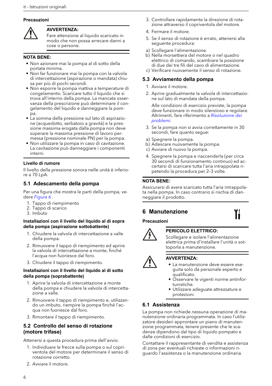 1 adescamento della pompa, 3 avviamento della pompa, 6 manutenzione | 1 assistenza | Xylem e-HM User Manual | Page 6 / 172