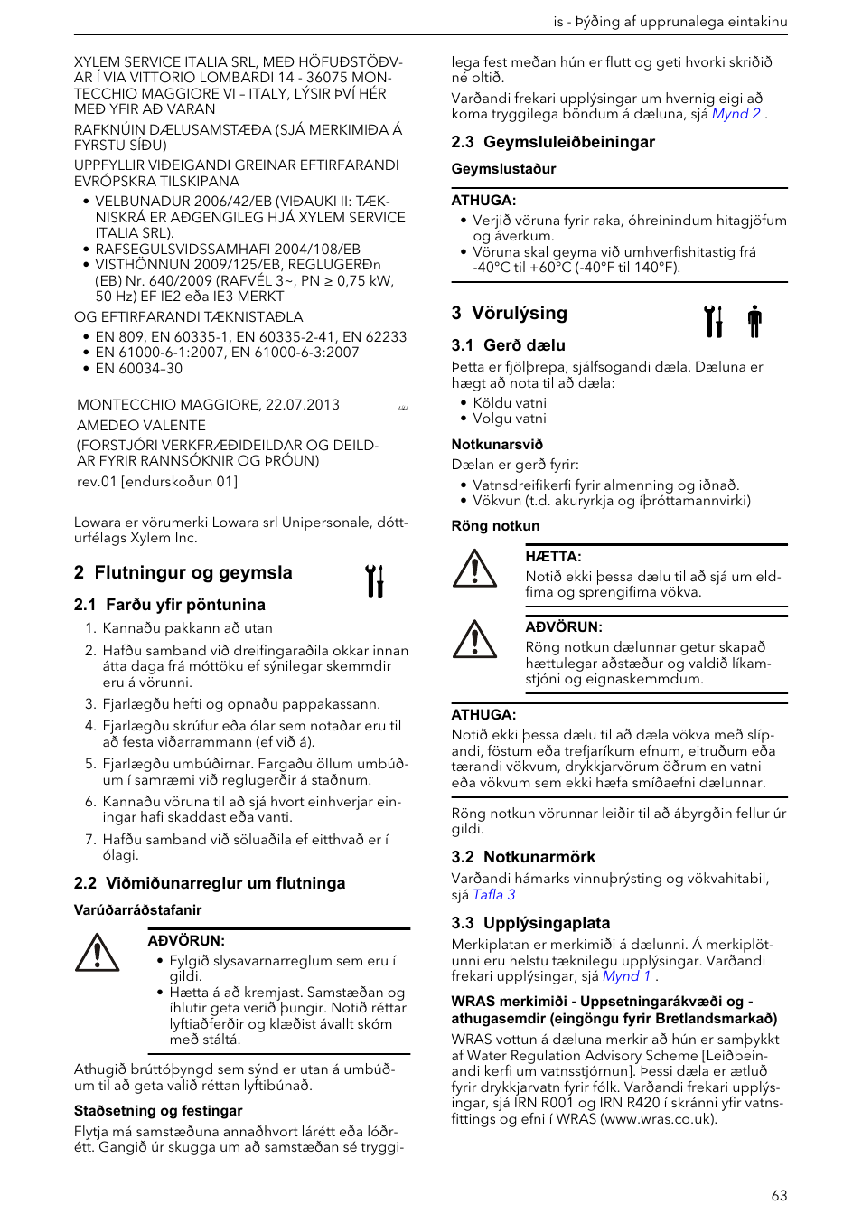 2 flutningur og geymsla, 1 farðu yfir pöntunina, 2 viðmiðunarreglur um flutninga | 3 geymsluleiðbeiningar, 3 vörulýsing, 1 gerð dælu, 2 notkunarmörk, 3 upplýsingaplata | Xylem e-HM User Manual | Page 63 / 172