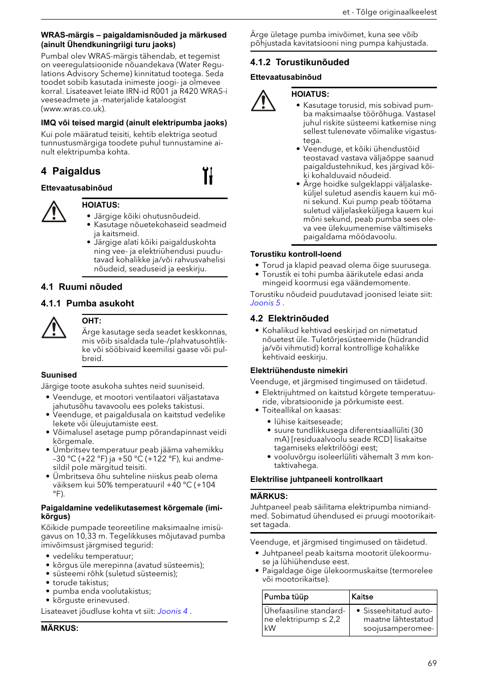 4 paigaldus, 1 ruumi nõuded, 1 pumba asukoht | 2 torustikunõuded, 2 elektrinõuded | Xylem e-HM User Manual | Page 69 / 172