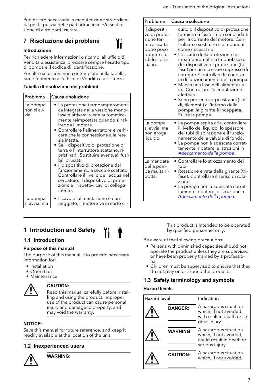 7 risoluzione dei problemi, Installation, operation, and maintenance manual, 1 introduction and safety | 1 introduction, 2 inexperienced users, 3 safety terminology and symbols, Altrimenti, fare riferimento a, Risoluzione dei, Problemi | Xylem e-HM User Manual | Page 7 / 172