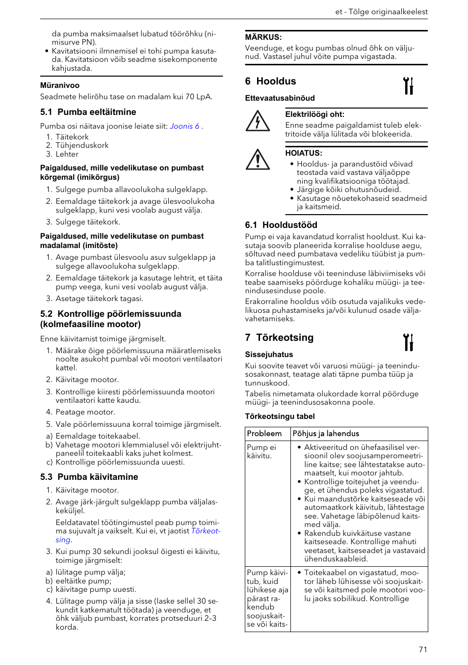 1 pumba eeltäitmine, 3 pumba käivitamine, 6 hooldus | 1 hooldustööd, 7 tõrkeotsing | Xylem e-HM User Manual | Page 71 / 172