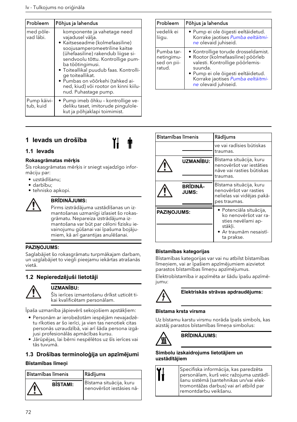 1 ievads un drošība, 1 ievads, 2 nepieredzējuši lietotāji | 3 drošības terminoloģija un apzīmējumi | Xylem e-HM User Manual | Page 72 / 172