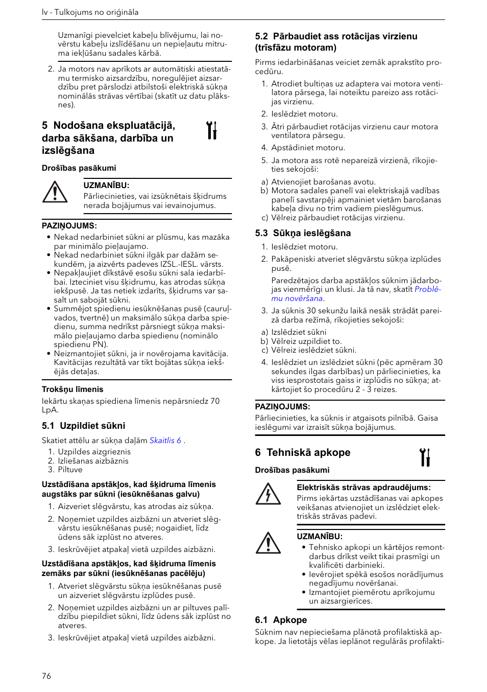 1 uzpildiet sūkni, 3 sūkņa ieslēgšana, 6 tehniskā apkope | 1 apkope | Xylem e-HM User Manual | Page 76 / 172