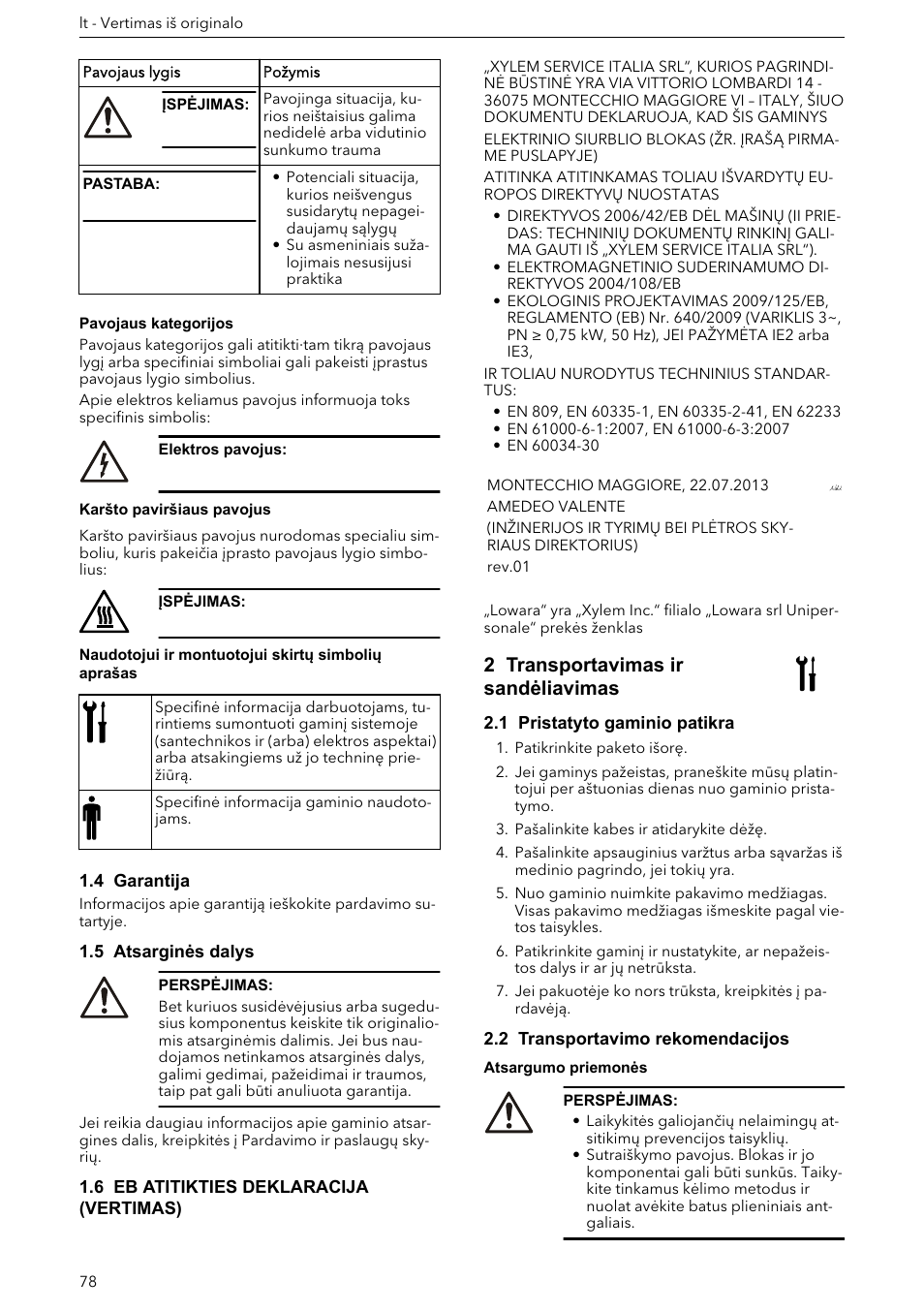 4 garantija, 5 atsarginės dalys, 6 eb atitikties deklaracija (vertimas) | 2 transportavimas ir sandėliavimas, 1 pristatyto gaminio patikra, 2 transportavimo rekomendacijos | Xylem e-HM User Manual | Page 78 / 172