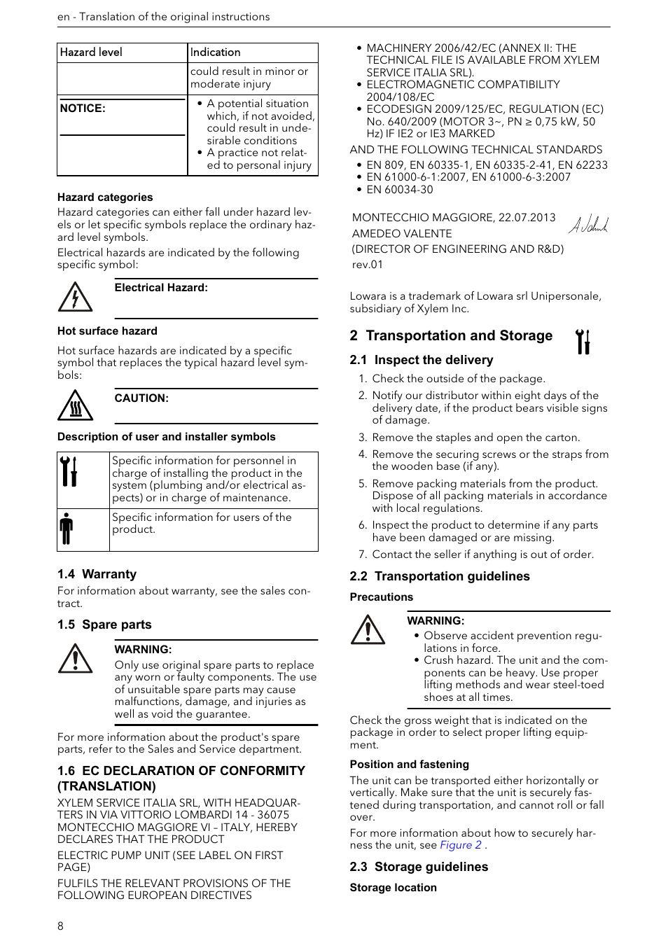4 warranty, 5 spare parts, 6 ec declaration of conformity (translation) | 2 transportation and storage, 1 inspect the delivery, 2 transportation guidelines, 3 storage guidelines | Xylem e-HM User Manual | Page 8 / 172